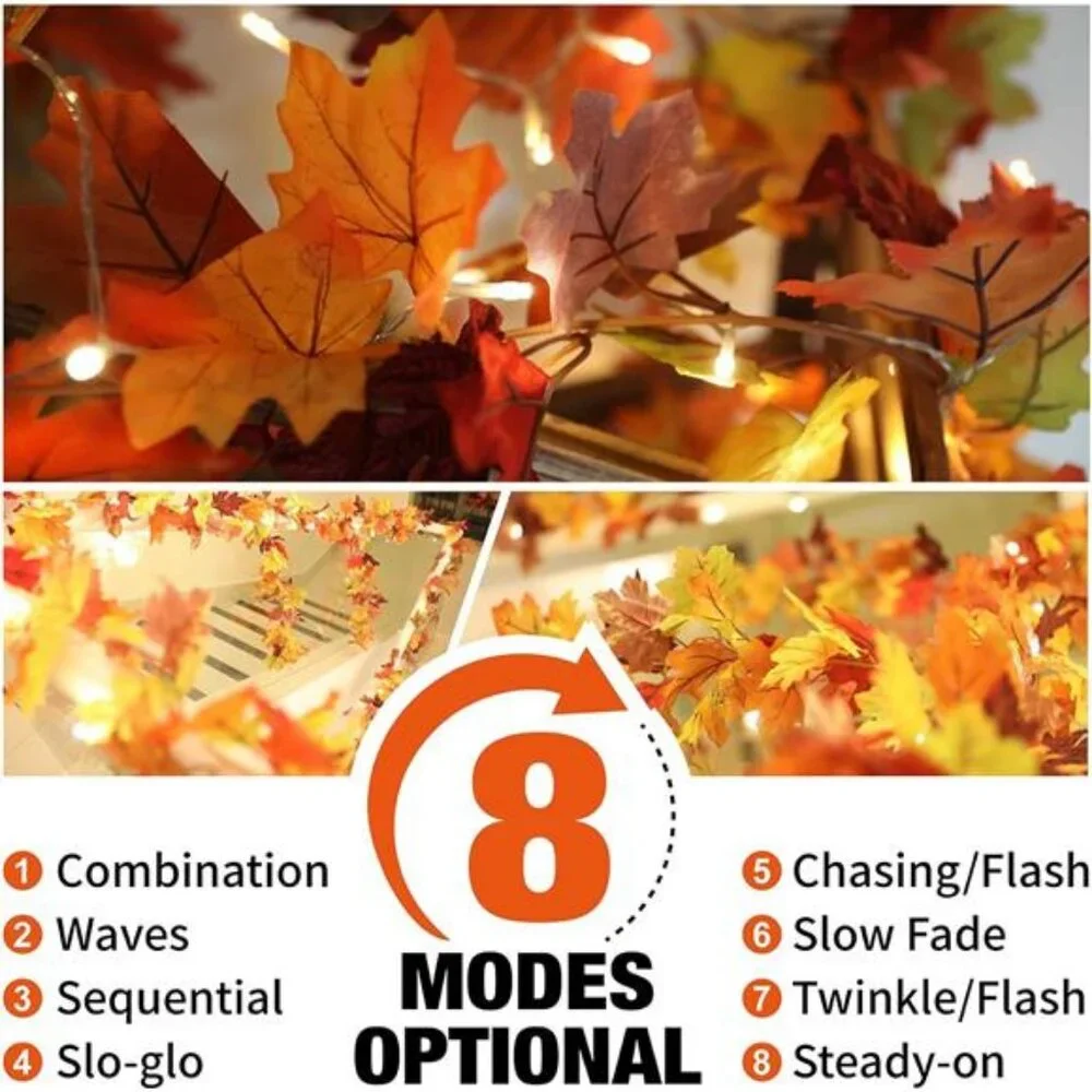 2 Pack Fall Maple Garland with 40 LED String Light- 5.8ft/Piece